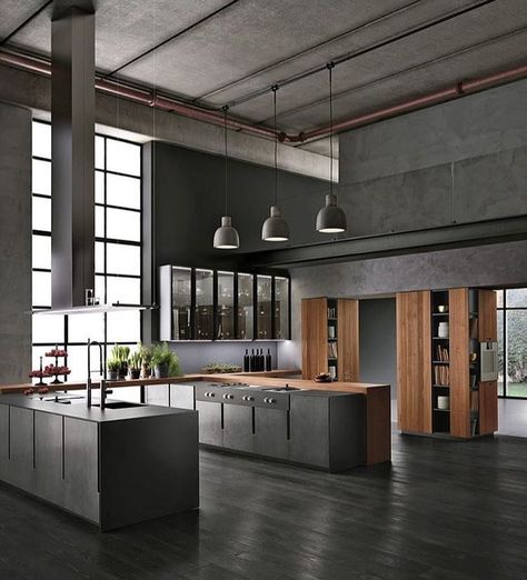 All grey industrial kitchen 😍 #grey #kitchen #industrial #wood #huge #loft #design #designed #designer #interior #interiordesign #interiör… Dapur Skandinavia, Industrial Chic Decor, Industrial Style Interior, Industrial Kitchen Design, Minimal Interior Design, Kitchen Chandelier, Interior Vintage, Modern Kitchen Interiors, Industrial Interior Design