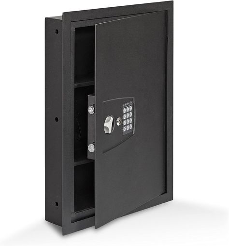 SnapSafe In Wall Safe – Easy to hide and easy to access -- anywhere you want it with the SnapSafe Hidden Wall Safe! Ideal for protecting your handgun, passport, medication, gold coins, keys and more Office Black Wall, Hidden Wall Safe, Cute Mini Safes, In Wall Safe, Safe Deposit Box Design, Desk Tv Stand, Between Studs, Hidden Wall Safe Safe And Vault Store, Hidden Wall