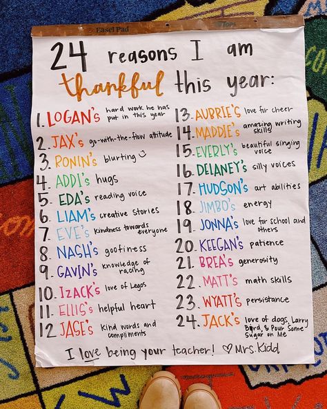 Anna Kidd (@mrskiddscreators) posted on Instagram • Nov 15, 2021 at 10:09pm UTC Reasons To Be Thankful For Students, Kindergarten Gratitude Activities, Reasons I’m Thankful Classroom, Thankful For Students Anchor Chart, Thankful Teacher Anchor Chart, Teacher Thankful For Students Poster, Elementary Sel, Teacher Goals, Thanksgiving Classroom Activities