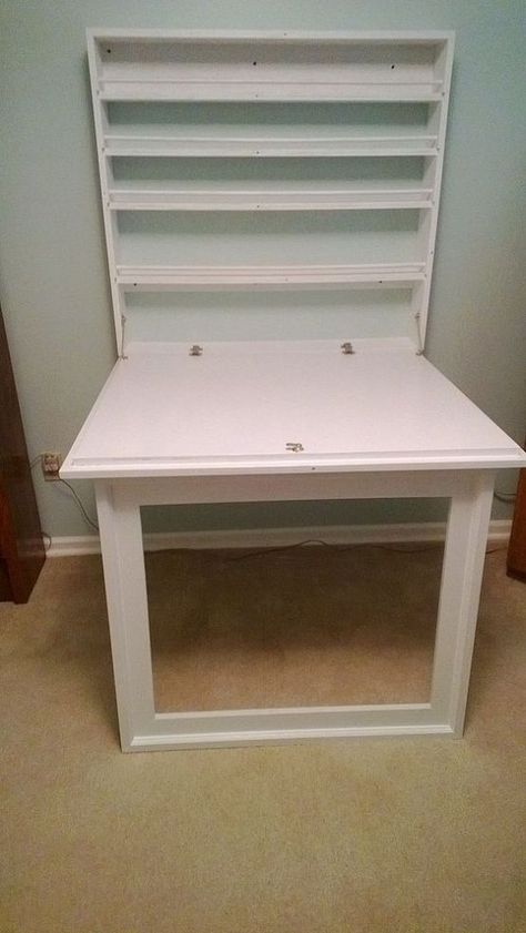 Fold up Craft Table and Storage Shelves. Use fold out table idea in conjunction w armoire or secretary? Fold Up Craft Table, Craft Storage Diy, Craft Armoire, Murphy Table, Craft Room Desk, Craft Tables With Storage, Diy Space Saving, Fold Out Table, Craft Table Diy