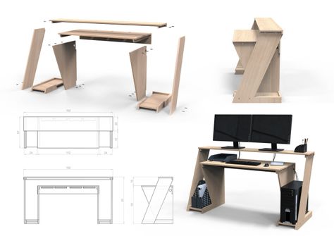 Miresa by Gabriel Soufer at Coroflot.com Computer Gaming Table Design, Gaming Computer Table Design, Pc Table Ideas, Pc Table Design, Gaming Table Design Pc, Computer Table Dimensions, Music Desk, 2x4 Furniture Plans, Woodworking Plans Beginner