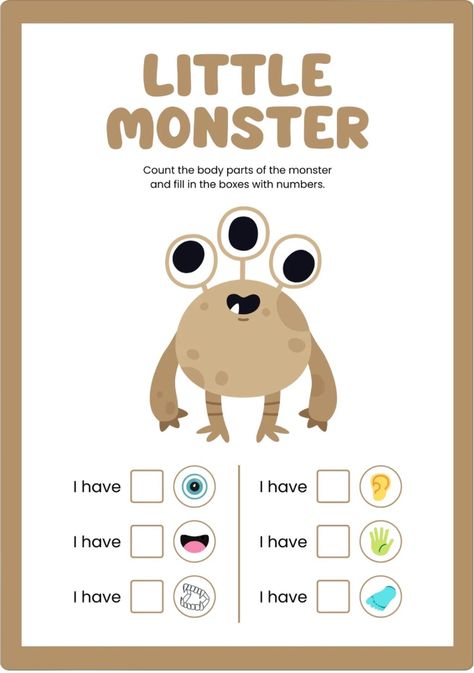 Little Monster Body Parts English Worksheet Vocabulary Book, Activity Worksheet, English Worksheet, English Lessons For Kids, Science Worksheets, Parts Of The Body, School Worksheets, Writing Numbers, Book Template