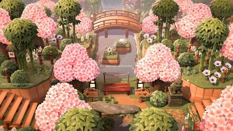 Zen Garden Animal Crossing, Acnh Bamboo, Animal Crossing Cherry, Acnh Zen Garden, Sakura Landscape, Japanese Entrance, Acnh Spring, Acnh Japanese, Japanese Town