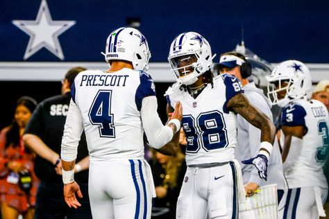 Cowboys Mobile: Dallas Cowboys quarterback Dak Prescott (4) and wide receiver CeeDee Lamb (88) react after connecting for a touchdown against the Philadelphia Eagles during the first half of an NFL football game, Sunday, Dec. 10, 2023, in Arlington, Texas. (AP Photo/Michael Ainsworth) Michael Ainsworth Dak Prescott And Ceedee Lamb, Ceedee Lamb, Nfl Football Games, Arlington Texas, Dak Prescott, Wide Receiver, Football Game, Philadelphia Eagles, Football Games