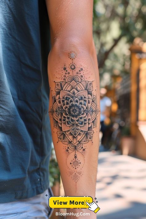 This full back mandala tattoo features intricate patterns and vibrant colors, covering the entire back. The design radiates outward in a geometric, flower-like pattern, making it a bold statement piece that showcases symmetry and balance. Mandala Tattoo For Men, Back Mandala Tattoo, Statement Tattoo, Tattoo For Men Ideas, Mandala Tattoo Men, Mandala Tattoo Ideas, Forearm Band Tattoos, Mandala Tattoos, Tattoo Ideas For Men