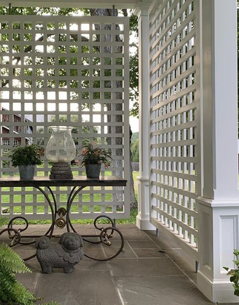 Porch Lattice, Portico Entry, Porch Privacy, Front Porch Design Ideas, Craftsman Porch, Deck Railing Ideas, Screened Gazebo, Outdoor Tub, Railing Ideas