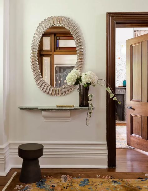 A Grand 1885 Home Elevated With Whimsy + Playful Energy Primary Palette, Arent Pyke, Vignette Styling, Chinese Art Deco, Entryway Mirror, Art Deco Rug, Entry Way Design, Entryway Furniture, Vintage Mirror