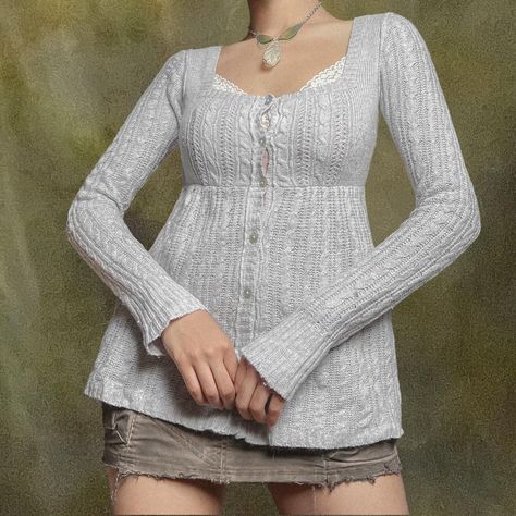 Knitted Babydoll Milkmaid Top 🍎   ⚔️ empire bust,... - Depop Pink Gyaru, Top Knitting Pattern, Milkmaid Top, Cable Knit Pattern, Grey Cardigan, Lace Cami, Babydoll Top, Weird World, My Princess