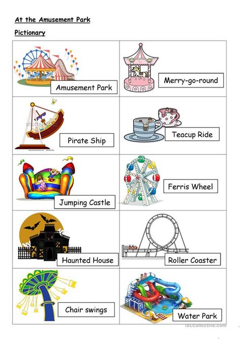 Amusement Park Activities, Amusement Park Worksheet, Amusement Park Ideas, English Vocabulary List, Speaking Cards, Meeting Notes Template, Fair Rides, Random Places, Discussion Starters