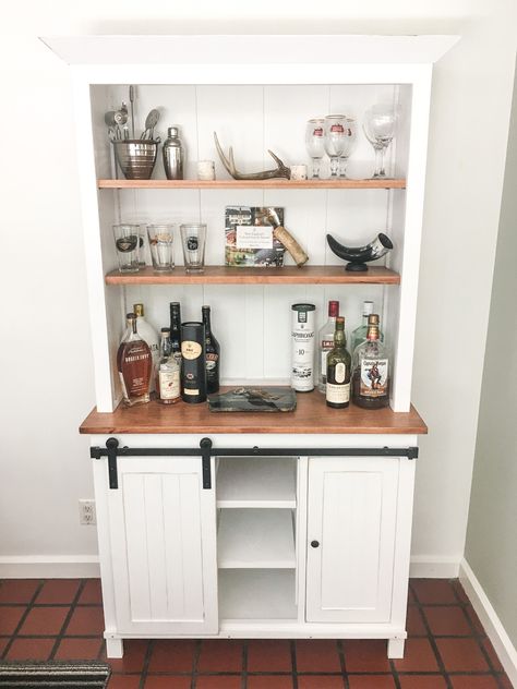 Hutch Liquor Cabinet, Rustic Bar China Cabinets, Hutch Into Bar Liquor Cabinet, Hutch Bar, Farmhouse Hutch With Wine Rack, Built In Liquor Cabinet With Barn Doors, Barn Door Shelf Cabinet, Bar Hutch, Water Tok