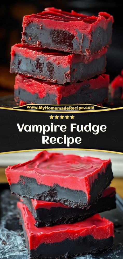 This vampire fudge is sweet, creamy, and has a gory red center perfect for Halloween. A unique dessert for spooky celebrations! Ingredients: 2 cups white chocolate chips 1 can sweetened condensed milk Red food coloring 1 tsp vanilla extract Make this creepy vampire fudge for a Halloween treat that’s sweet on the outside with a “bloody” surprise inside Horror Baked Goods, Vampire Party Snacks, Vampire Fudge Recipe, Gory Halloween Desserts, Gothic Dinner Party Food, Vampire Fudge, Samhain Meals, Vampire Party Food, Vampire Desserts