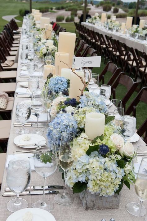 Hydrangea and tall candles wedding centerpiece / http://www.himisspuff.com/beautiful-hydrangeas-wedding-ideas/5/ Blue Hydrangea Wedding, Blue Centerpieces, Hydrangea Wedding, Hydrangeas Wedding, South Carolina Wedding, Rustic Blue, Rustic Wedding Centerpieces, White Wedding Flowers, Southern Weddings