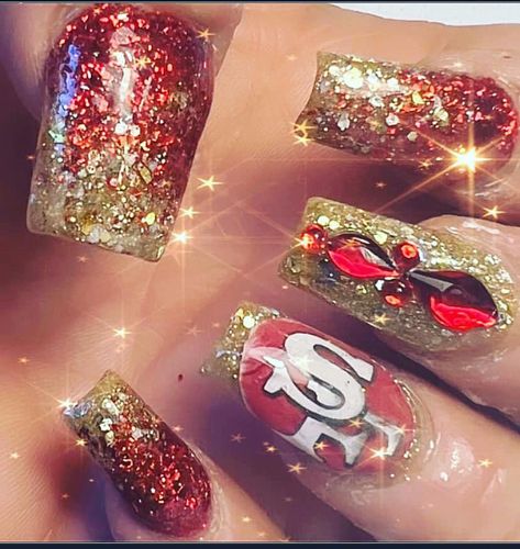 49er Nails Designs, San Francisco 49ers Nails Design, Niners Nails, 49ers Nails Designs, 49er Nails, 49ers Nails, Club Nails, Football Nails, George Kittle