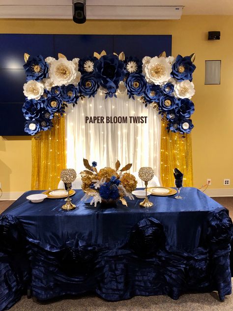 Royal Blue Wedding Theme, Prom Backdrops, Navy Blue And Gold Wedding, Graduation Party Backdrops, Flower Backdrop Wedding, Quince Decorations, Paper Flower Patterns, Sweet 16 Decorations, Gold Backdrop