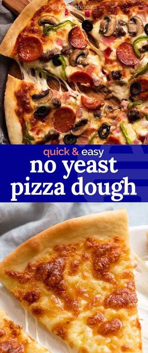 Meet your new best friend – a no yeast pizza dough that makes a quick and easy homemade pizza, fresh out of the oven in 20 minutes flat! This pizza crust without yeast is not just a sad substitute for the real deal made with yeast. It’s truly great, yet takes a fraction of the time and effort.  It’s like…….magic! Pizza Crust Without Yeast, Homemade Pizza Crust Easy, Yeast Pizza Dough, Pizza Dough Recipe Quick, Pizza Crust Recipe Easy, Easy Pizza Crust, No Yeast Pizza Dough, Homemade Pizza Crust, Dough Pizza