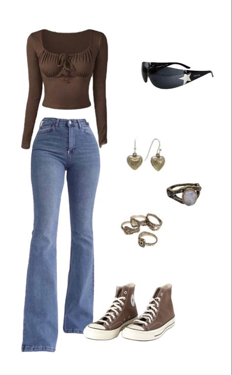 Flares Outfit Aesthetic, Outfit With Flare Jeans, Outfits With Flares, Flare Jeans Outfit, Casual Summer Outfits For Women, Aesthetic Brown, Outfits 90s, Casual College Outfits, Everyday Fashion Outfits