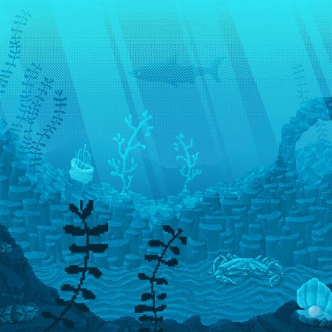 Underwater Scene (Pixel Animation) Pixel Art Blue Aesthetic, Pixel Art Underwater, Pixel Game Aesthetic, Ocean Pixel Art, Underwater Animation, Pixel Ocean, Ocean Animation, Pixel Fish, Blue Pixel Art