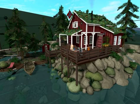 Bloxburg House Ideas Earthy, Mountain In Bloxburg, Bloxburg River Ideas, Bloxburg Lake House Ideas, Mountains In Bloxburg, Bloxburg Build Ideas Exterior, Overgrown Bloxburg House, Messy Bloxburg House, Bloxburg House In The Woods