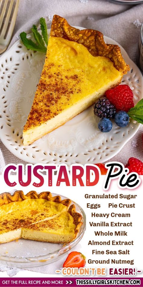 With easy and tasty ingredients, this custard pie from This Silly Girl's Kitchen is a fun, flavorful dessert that is perfect year-round. This is a classic pie recipe that everyone will love. It holds up well and is great served with whipped cream, fruit, plain, or with a sauce of choice. However you want it, there is always a reason for this custard pie. Custard Fruit Pie, Sugar Pie Crust, Waffle Cone Recipe, Easy Custard, Favorite Pie Recipes, Breakfast Platter, Custard Pie, Refreshing Desserts, Favorite Pie