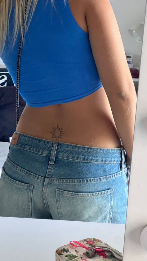 Lower Back Ocean Tattoo, Strap Stamp Tattoo, Tramp Stand Tattoo Ideas, Mini Tramp Stamp, Beachy Tramp Stamp, Beach Tramp Stamp, Sun Tramp Stamp Tattoos, Small Tramp Stamp Tattoos Simple, Above Buttcrack Tattoo