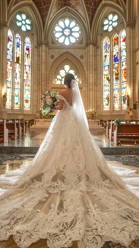 Bride's Special Day: A bride in a stunning lace gown with a long train stands in a beautiful church aisle. #bride #wedding #cathedral #elegance #gown #aiart #aiphoto #stockcake ⬇️ Download and 📝 Prompt 👉 https://ayr.app/l/Zv1f Wedding Cathedral, Church Aisle, Cathedral Train, Long Train, Lace Gown, Bride Wedding, Free Music, How To Take Photos, Free Photos