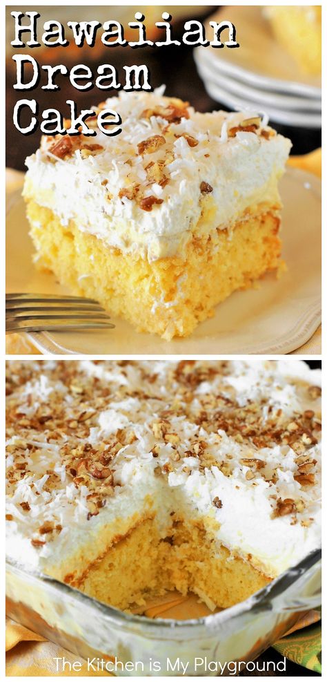 Hawaiian Dream Cake ~ a layered delight with pineapple & coconut laced yellow cake, creamy pineapple pudding, and freshly whipped cream & coconut topping. Cool, creamy, & comforting!  www.thekitchenismyplayground.com Hawaiian Dream Cake, Coconut Pineapple Cake, Pineapple Pudding, Hawaiian Desserts, Hawaiian Cake, Pineapple Desserts, Pineapple Recipes, Dessert Simple, Hawaiian Food