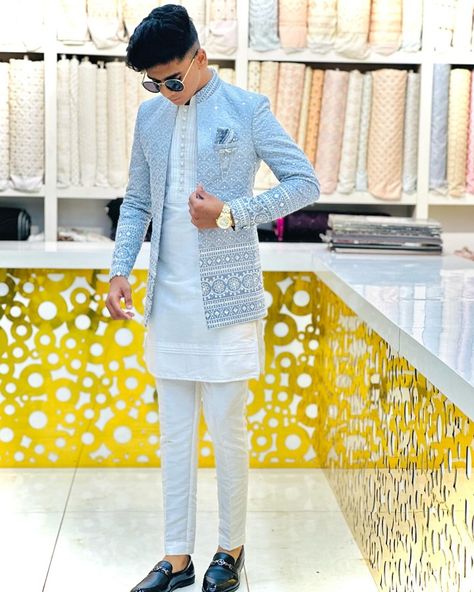 Garba Night Outfit For Men, Grooms Brother Outfit Ideas, Kurta And Jacket For Men, Sangeet Outfit For Men Western, Jodhpuri For Groom, Trending Suits For Men, Open Jodhpuri, Sangeet Outfit For Men, Indowestern Outfits For Men