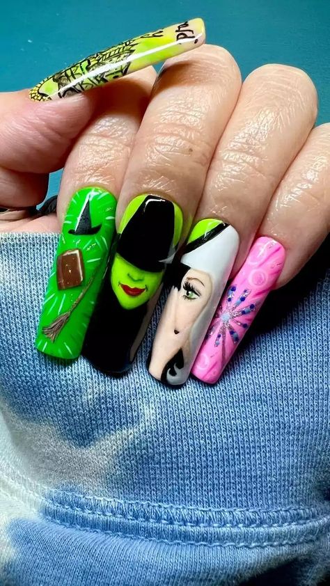 20 'Wicked' Nail Ideas to Celebrate the Film Wizard Of Oz Inspired Nails, Broadway Nails Designs, Wicked Nail Ideas, Wicked Musical Inspired Nails, Wicked Witch Nails, Glinda The Good Witch Nails, Wicked Musical Nail Designs, Wicked Nails Designs, Wizard Of Oz Nails Designs