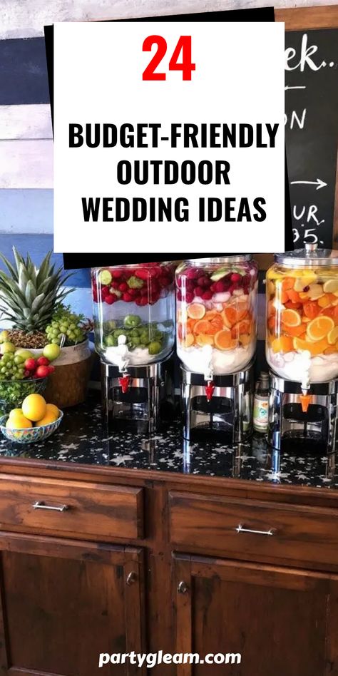 Planning a stunning outdoor wedding on a budget? Look no further! Here are 24 budget-friendly outdoor wedding ideas to transform your special day without breaking the bank. From creating a colorful bar for your guests to incorporate lively decor, every detail can shine while being wallet-friendly. Rethink floral arrangements with nature-inspired designs or DIY centerpieces for a personal touch. Outdoor wedding ceremonies and receptions can be magic-filled, stylish, yet surprisingly affordable! Discover easy-to-execute tips and tricks for your big day! Outdoor Get Together Ideas, Free Wedding Decor, Fruit Bar For Wedding, Upscale Bbq Wedding, Camping Theme Wedding Receptions, Paper Tablecloth Wedding, Outdoor Wedding Bar Ideas, Diy Wedding Bar Self Serve, Wedding Plates Ideas