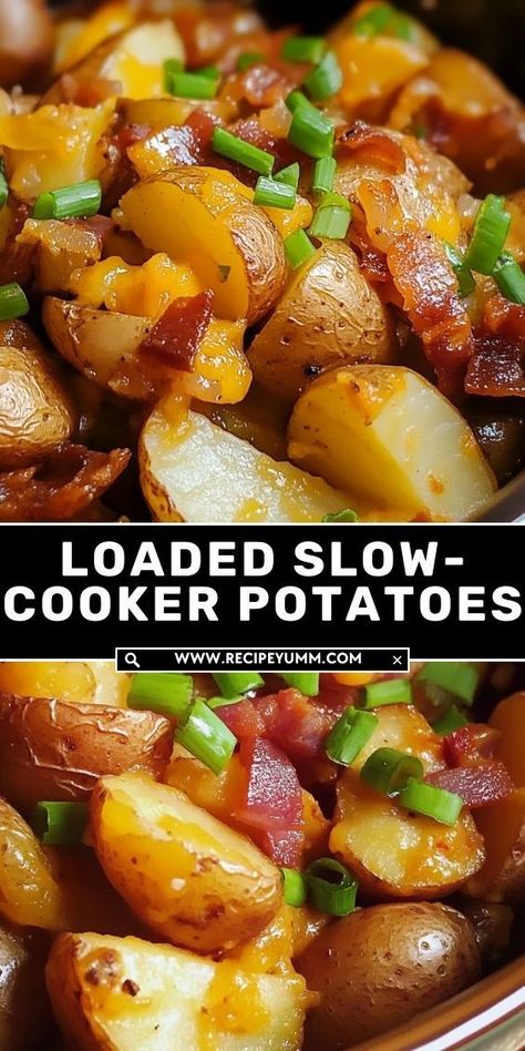 These loaded slow-cooker potatoes are the ultimate easy, cheesy, and flavorful side dish! Tender potatoes are slow-cooked to perfection with gooey melted cheese, crispy beef bacon, and a sprinkle of green onions for the perfect bite. With minimal prep and maximum flavor, this dish is great for family dinners, potlucks, or game days. Just set it and forget it—then enjoy a comforting, crowd-pleasing dish that everyone will love! Loaded Slow Cooker Potatoes, Crock Pot Sides, Slow Cooker Side Dishes, Loaded Fries Recipe, Best Biscuits And Gravy, Potatoes And Chicken, Firecracker Chicken, Scalloped Potato, Slow Cooker Potatoes