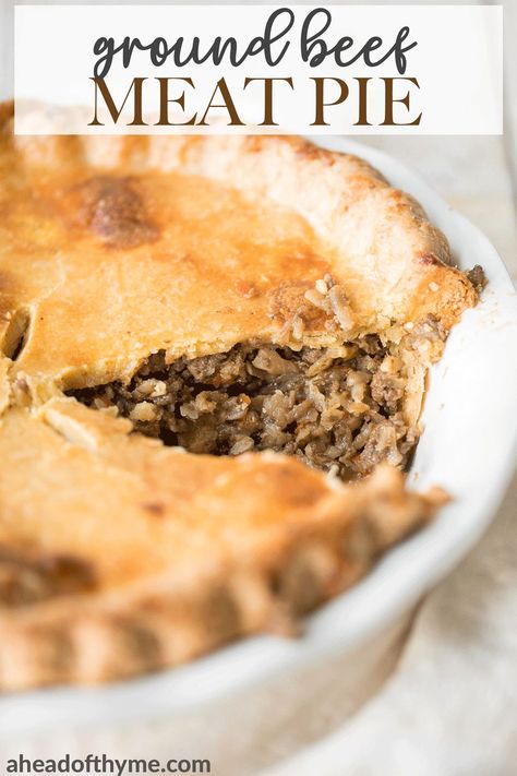 Ground beef meat pie with a flaky puff pastry double crust pie is filled with ground beef cooked with vegetables and seasonings. The ultimate comfort food. | aheadofthyme.com #meatpie #aussiepie #tourtiere#savourypie Beef Meat Pie, Ground Beef Pot Pie, Hamburger Pie Recipes, Beef Pie Recipe, Beef Pot Pie, Beef Pot Pies, Meat Pie Recipe, Store Bought Pie Crust, Beef Pies