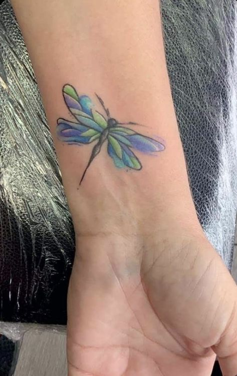 Small Colorful Dragonfly Tattoos, Dragon Fly Tattoo Watercolor, Dragonfly Ladybug Tattoo, Dragonfly And Dandelion Tattoo Design, Watercolor Dragonfly Tattoo For Women, 2 Dragonfly Tattoo Design, Small Dragonfly Tattoo Color, Dragonfly With Lotus Tattoo, Dainty Dragonfly Tattoo For Women