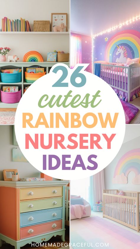 rainbow nursery ideas Purple And Yellow Nursery Girl, Pastel Murals, Colorful Girl Nursery, Rainbow Nursery Ideas, Rainbow Nursery Girl, Colorful Gender Neutral Nursery, Yellow Nursery Girl, Girls Nursery Rainbow, Rainbow Nursery Theme