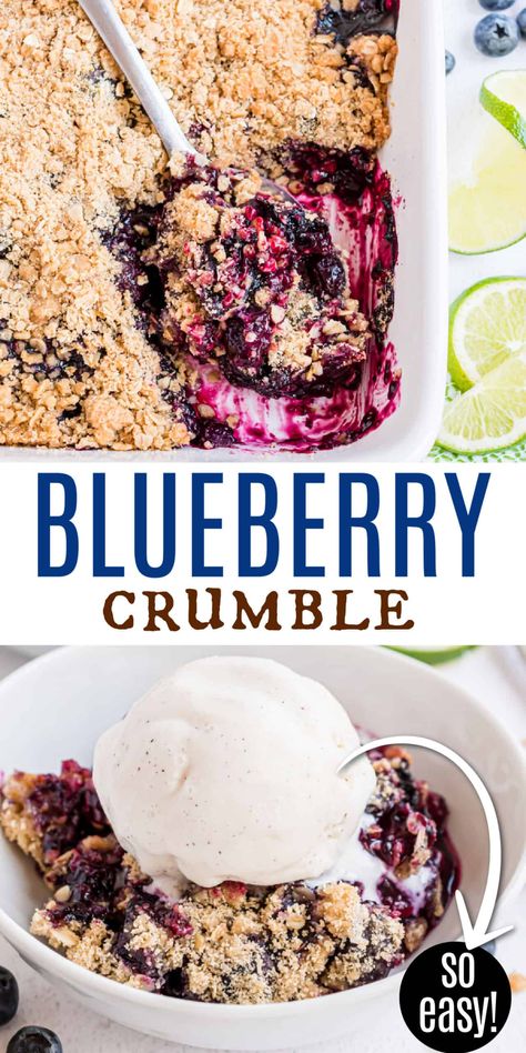 The classic blueberry dessert gets a zesty lime twist! Our Blueberry Crumble recipe has a crunchy layer of sugar and oats that is perfect served warm with homemade whipped cream or vanilla ice cream for the complete experience! Blueberry Crumble Recipes, Blueberry Desserts Recipes, Frosting Recipes Easy, Berry Crumble, Blueberry Crumble, Blueberry Desserts, Crumble Recipe, Gf Desserts, Homemade Whipped Cream