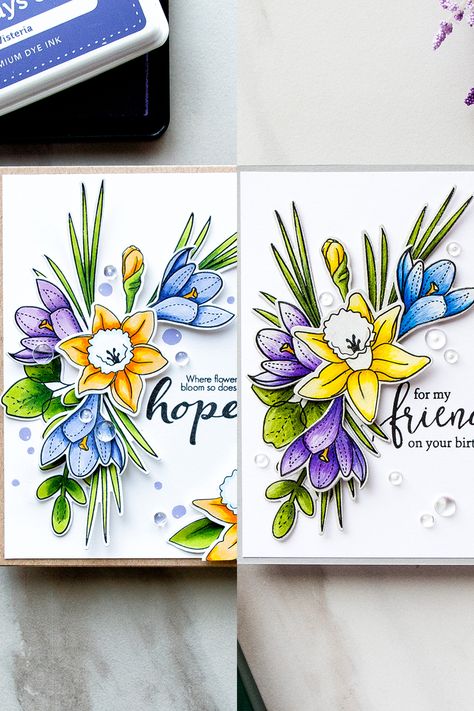 Simon Says Stamp | Spring Flowers Take 2 - Polychromos vs Copics. Handmade Floral Birthday Card colored using Polychromos using More Spring Flowers stamp set by Simon Says Stamp SSS101703 #stamping #adultcoloring #cardmaking #handmadecard #simonsaysstamp Spring Stamps, Birthday Wishes Flowers, Simon Says Stamp Blog, Narnia Books, Copic Sketch Markers, Card Layouts, Sketch Markers, Spring Cards, Copic Coloring