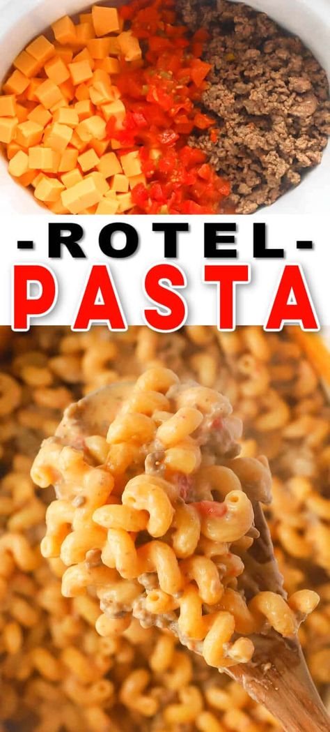 Velveeta And Beef Recipes, Taco Pasta Velveeta, Rotel Crockpot Recipes, Crockpot Pasta Casserole, Rotel Dinners, Rotel Taco Pasta, Pasta With Velveeta Cheese, Pasta Rotel Recipes, Rotel Mac And Cheese Velveeta