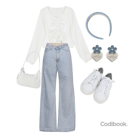 Simplelook,Lookbook,Modern,Romanticvintage,Sweet,Cute,Coolandcomfortable,Bag,Jeans,White&blue,Dailycodi 코디 by B e E e - Codibook. Codibook Outfit, Codibook Style, White Bag Outfit, White And Blue Outfits, Blue Ootd, Bag Jeans, Sweet Jeans, Korean Fashion Dress, Korean Girl Fashion