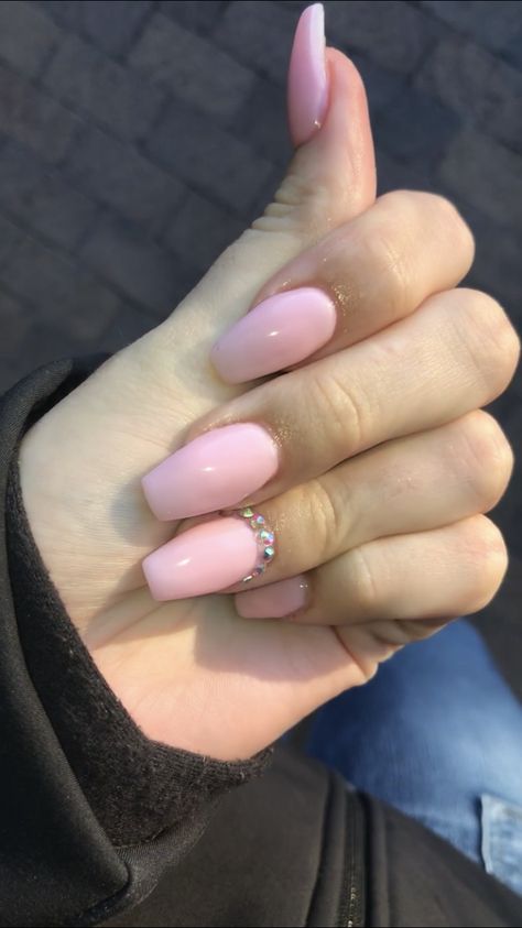 Gem Cuticle Nails, Rhinestone On Cuticle, Light Pink Acrylic Nails With Rhinestone, Acrylic Nails Diamonds Rhinestones, Solid Color Nails With Rhinestones, Light Pink Nails With Diamonds, Light Pink Nails With Gems, Pink Nails Diamonds, Pink Nails With Jewels