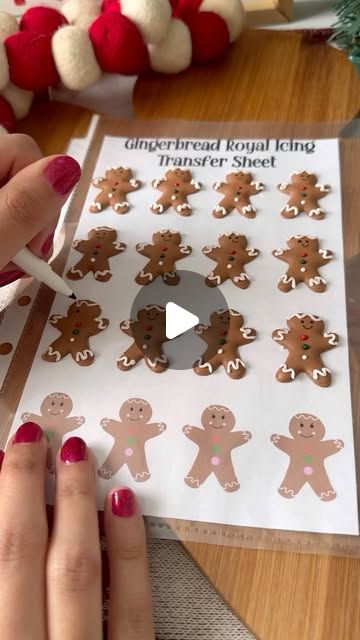 Melissa’s Sweet Tooth on Instagram: "Let’s make some gingerbread royal icing transfers!🎄Comment GINGERBREAD for a link to my printable template! Start by printing your template and adding it to a binder sheet or placing a clear bag or parchment paper on top. Use a thicker royal icing to outline your gingerbread and then flood. Add some sprinkles for buttons and some white frosting details. Let dry over night and use edible markers to add eyes and a smile. Carefully pop the transfers off your sheet. Use a little bit of royal icing to add your transfers to Christmas cookies and other holiday treats! 🎄🎁  • • • #asmr #asmrsounds #cookies #cookiedecorating #decoratedcookies #sugarcookies #royalicing #royalicingtransfers #royalicingcookies #christmas #cookievideo #christmascookies #holidaycoo Cookie Transfers, Edible Markers, Icing Transfers, Royal Icing Transfers, Cake And Dessert, Edible Icing Sheets, Cookie Videos, White Frosting, Cupcake Decorations