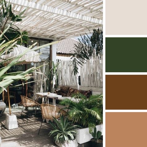 Off-white fabrics/macrame, light and dark woods, white-washed walls, lots of greenery Coastal Color Palettes, Balinese Interior, Tropical Patio, Tint Color, Coastal Color Palette, Color Palette Inspiration, Tropical Interior, Bali House, Tropical Architecture