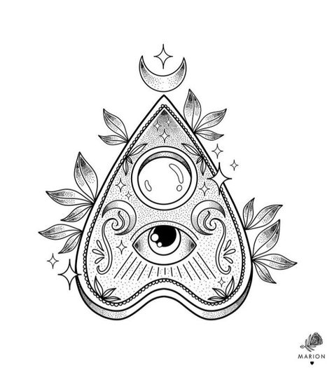 Pagan Chest Tattoo, Easy Shading Tattoo Ideas, Spell Book Tattoo Design, Quija Board Tattoo, Ouija Planchette Tattoo Design, Planchet Tattoo, Small Planchette Tattoo, Planchette Drawing, Ouija Planchette Tattoo