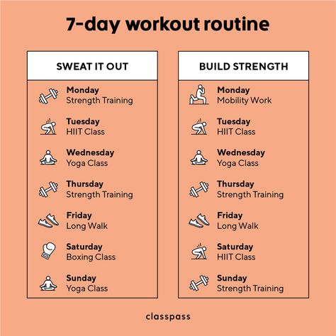 7 Day Workout Plan - ClassPass Blog 5 Day Workout Routine, Day Workout Plan, 12 Week Workout Plan, 7 Day Workout Plan, 12 Week Workout, 7 Day Workout, Workout Plan For Men, Boxing Classes, Pilates Workout Routine