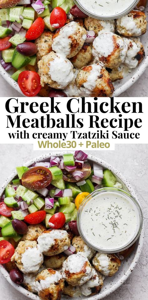 This Greek Chicken Meatballs Recipe is a simple and delicious dinner that is packed with flavor! It's healthy and ready in only 35 minutes, perfect for any weeknight dinner that the whole family will enjoy. The creamy Tzatziki Sauce recipe that is included (which is Paleo/Whole30) just brings this whole dish to the next level! #GreekChickenMeatballs #Whole30Meatballs #Whole30TzatzikiSauce #TheWoodenSkillet Healthy Ground Chicken, Greek Meatballs Recipe, Chicken Greek, Greek Meatballs, Whole 30 Meal Plan, Easy Whole 30 Recipes, Whole30 Dinners, Whole 30 Diet, Dinner Recipes For Family