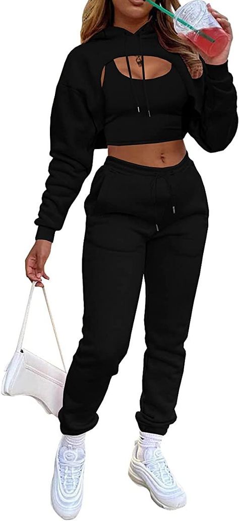 Women sexy 2 piece sportswear, solid color, crop hoodie, long sleeve, tank, high waisted long pants, trousers, jogging pants, womens 3 piece loungewear, fall sweatsuits, workout sets, 3 piece yoga suit, fashion 3 piece streetwear. Tracksuit Outfit Women, Cute 2 Piece Outfits, Tank Jumpsuit, Tracksuit Outfit, Casual Blazer Women, Classy Winter Outfits, Joggers Outfit, Yoga Suit, Pants Outfits