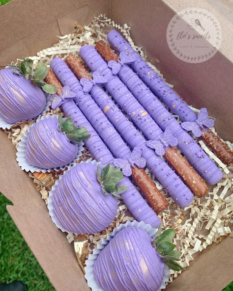 Purple Desserts, Purple Sweet 16, Covered Pretzel Rods, Purple Quince, Purple Birthday Party, Chocolate Covered Pretzel, Chocolate Covered Strawberries Bouquet, Chocolate Covered Pretzel Rods, Purple Chocolate