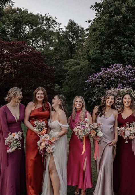 Lavender Farm Wedding, Orange And Pink Wedding, Mix Match Bridesmaids, Fall Wedding Bridesmaids, Purple Bridesmaid Dress, Dress Code Wedding, Mismatched Bridesmaids, Mismatched Bridesmaid Dresses, Red Bridesmaid Dresses