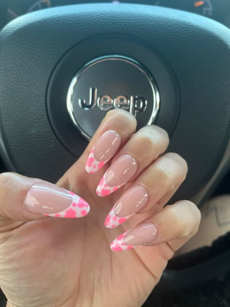 Cow Print French Tip Nails Almond, Cow Print French Tips Almond, Pink Cow Print Nails Almond, Almond Cow Print Nails, Pink Cowprint Nails Acrylic, Almond Nails Cow Print, Pink Cowprint Nails French Tip, Pink Cowprint Nails, Western Nails