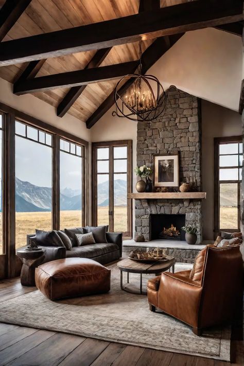 Rustic living room highlighting natural materials and textures Modern Rustic Home Aesthetic, Lodge Style Interior, Rustic Ranch Living Room, Lodge Inspired Living Room, Mountain Western Decor, Modern Rustic Cottage Interiors, Rustic Home Remodel, Mountain Rustic Decor, Rustic Living Room With Fireplace