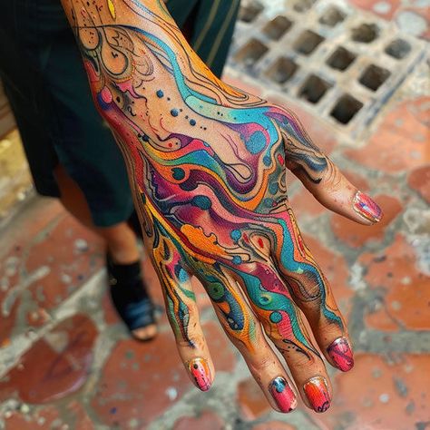 Vibrant Hand Tattoos For Women Tattoo Flash Set Colorful Abstract Tattoo, Female Warrior Tattoo, Stained Glass Tattoo, Artsy Tattoos, Throat Tattoo, Hand And Finger Tattoos, Women Tattoos, Women Inspiration, Hand Tattoos For Women