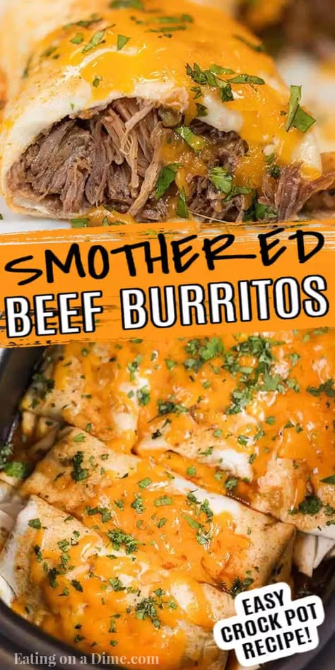 Smothered Beef, Smothered Beef Burritos, Green Chili Recipe, Crock Pot Mexican, Steak Burritos, Burritos Beef, Beef Burrito Recipe, Smothered Burritos, Spanish Rice Recipe Easy